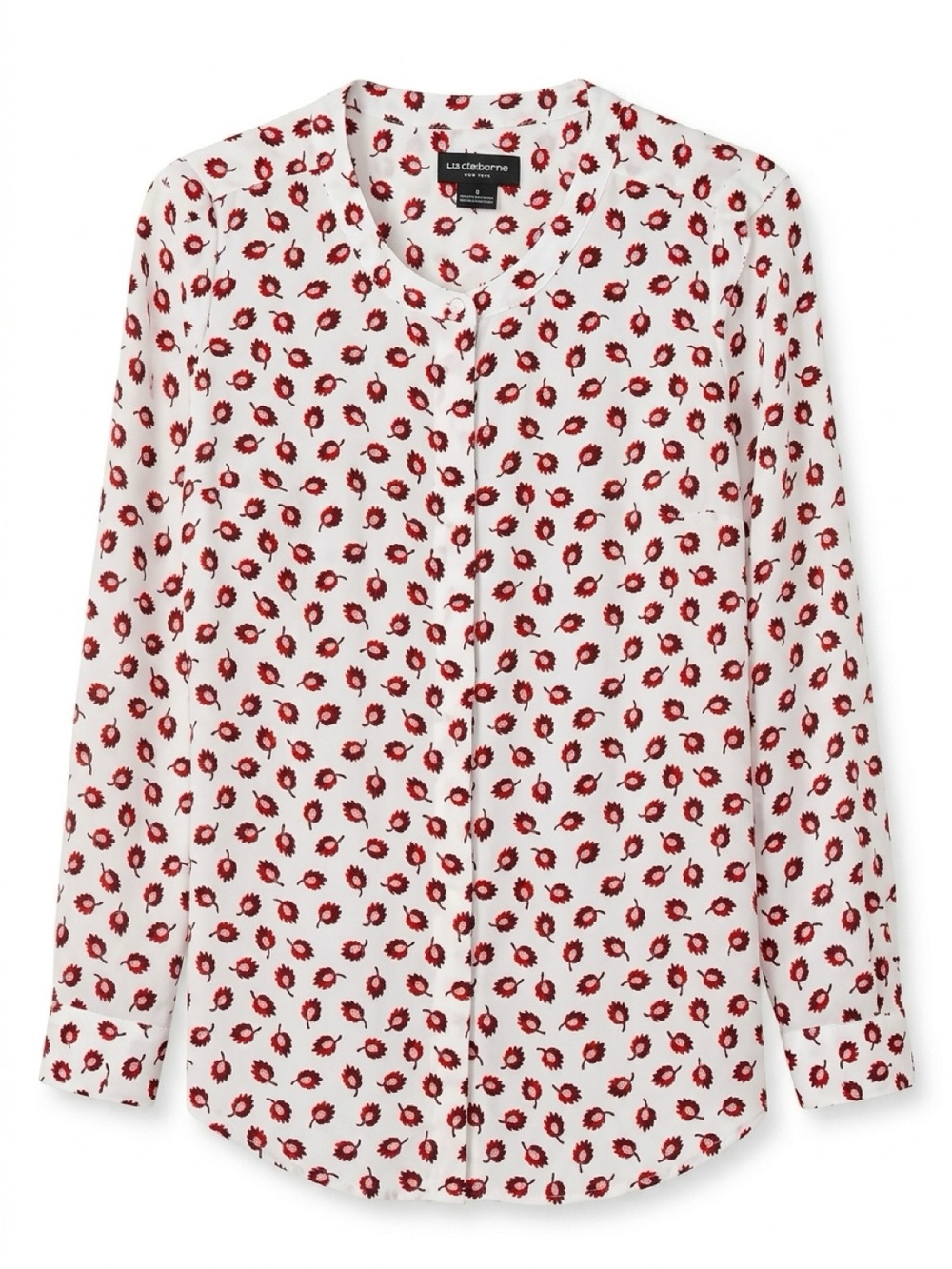 Liz Claiborne Career White and Red Botanical Pattern Button-Up Blouse